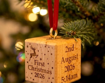 Baby's First Christmas Decoration | Personalised Wooden Ornament | New Baby Keepsake Block | Birth Details & Name