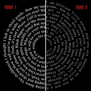 Puede incluir: Dise&ntilde;o gr&aacute;fico en blanco y negro con dos arreglos de texto circulares. El lado izquierdo presenta el texto "FONT 1" y el lado derecho el texto "FONT 2". El texto est&aacute; dispuesto en c&iacute;rculo.