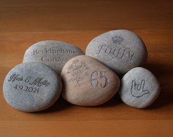 Personalised Engraved River Rock – Custom Text, Birthday Flowers, House Names, Memorials and Unique Keepsakes