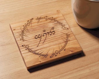 Lord of the Rings Oak Square Coaster | One Ring | Personalised Elvish Name | Engraved LOTR Gift