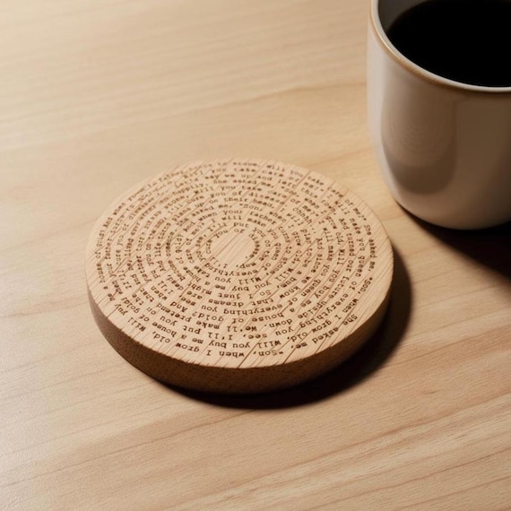 Personalised Song Lyric Oak Coaster | Custom Lyrics Gift | Round Engraved Wood | Music