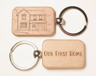 Personalised New Home Drawing Keyring – Custom House Illustration Engraved on Wooden Keyring