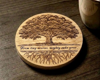 Personalised Oak Teacher Coaster – Engraved Thank You Gift – “From Tiny Acorns Mighty Oaks Grow” – Custom Name Message – End of Term Gift