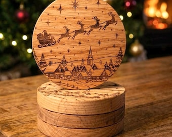 Personalised Christmas Oak Coaster | Engraved Solid Oak Reindeer & Santa Design | Custom Message | Rustic Xmas Gift | 10cm x 1.5cm