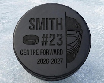 Personalised Engraved Hockey Puck – Custom Team Logo, Name & Number – Ice Hockey Gift – End of Season Keepsake