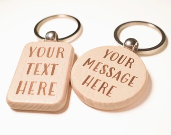 Personalised Wooden Keyring – Custom Engraved Text, Keepsake Gift