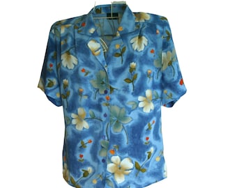 Flower blouse / floral shirt / short sleeve blouse / blue blouse / Hawaiian blouse.