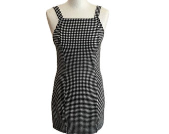 Black and white checkered dress / Black and white Vichi leather pinafore