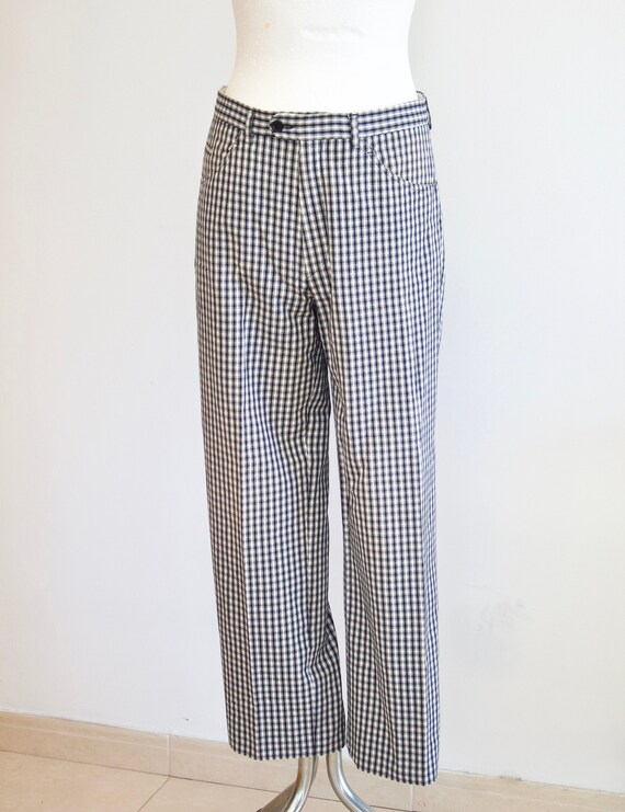 blue and white check pants