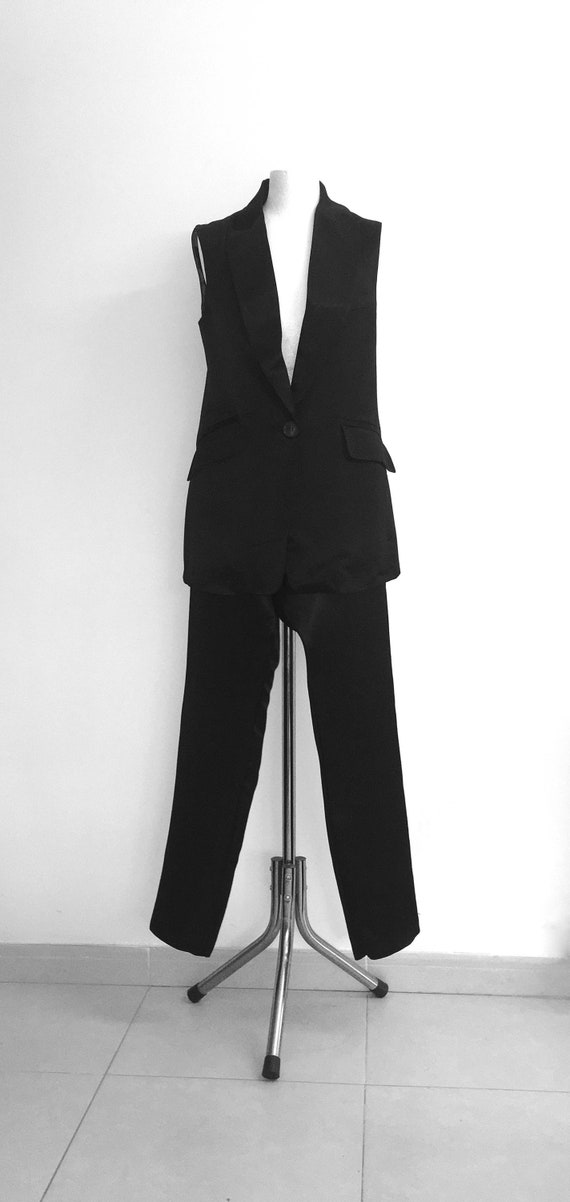 Black satin pants suit / Black satin vest / black