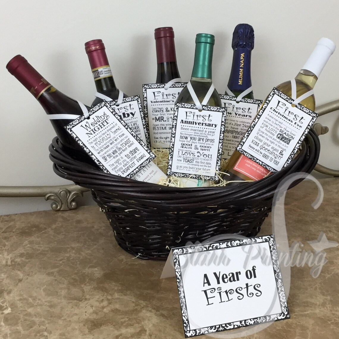 Bridal Shower Wine Basket Gift Set with 6 tags and shower card Etsy