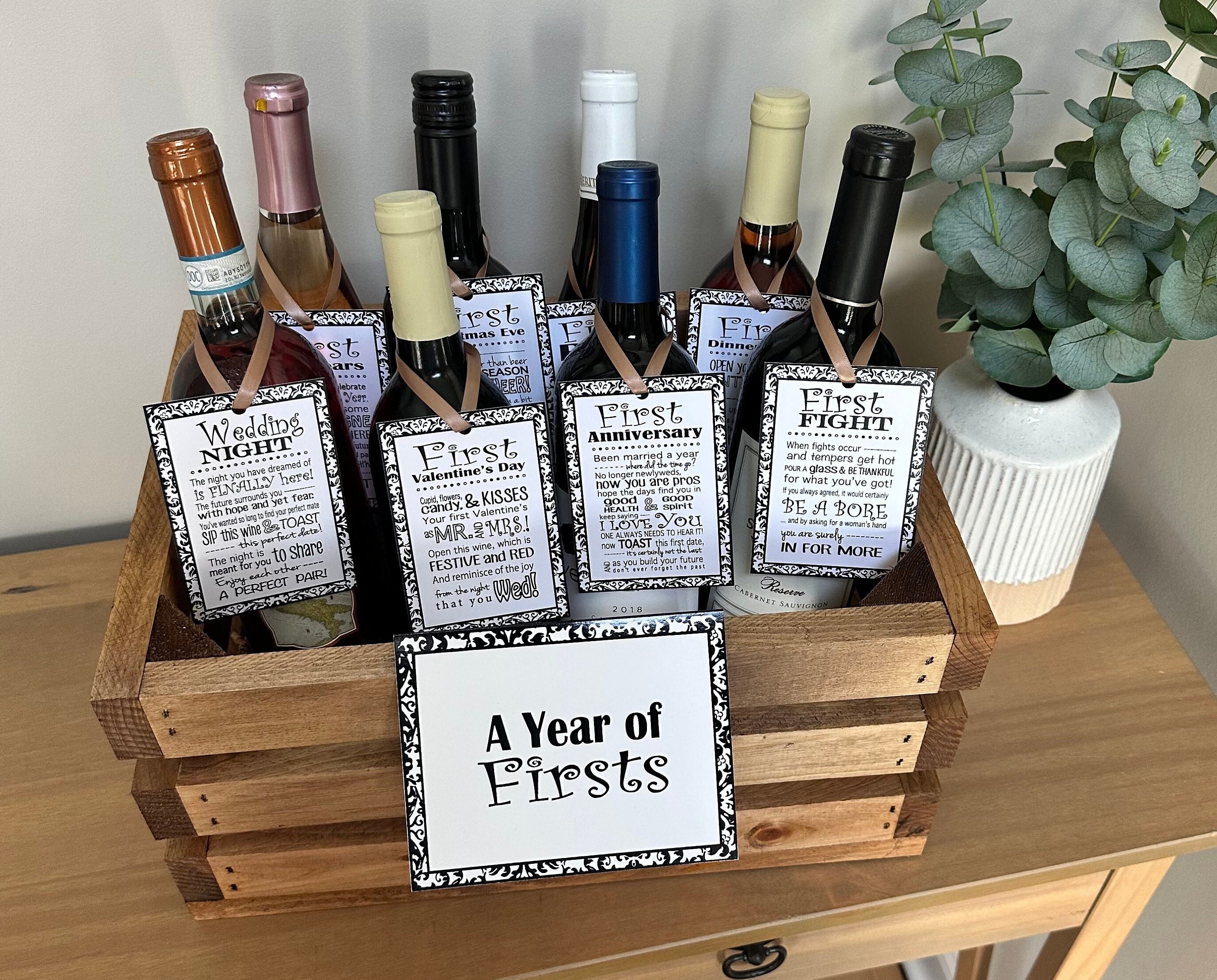 Bridal Shower Gift Wine Tags Crate Gift Set Year of First wine basket bridal  gifts for couple Wedding Marriage Milestones wine not included