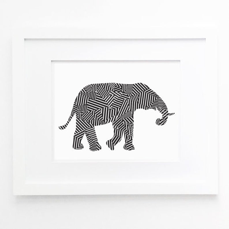 Elephant Print Black and White Wall Art Geometric Animal Etsy
