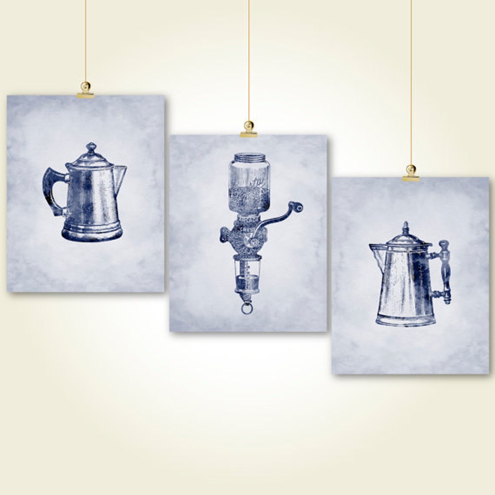 Navy Blue Kitchen Wall Art Set of 3 Digital Prints Vintage Etsy