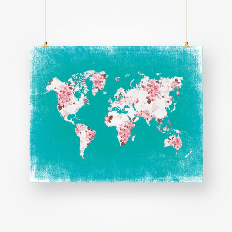 World Map Pink and Turquoise Nursery Girls Room Decor Floral Etsy