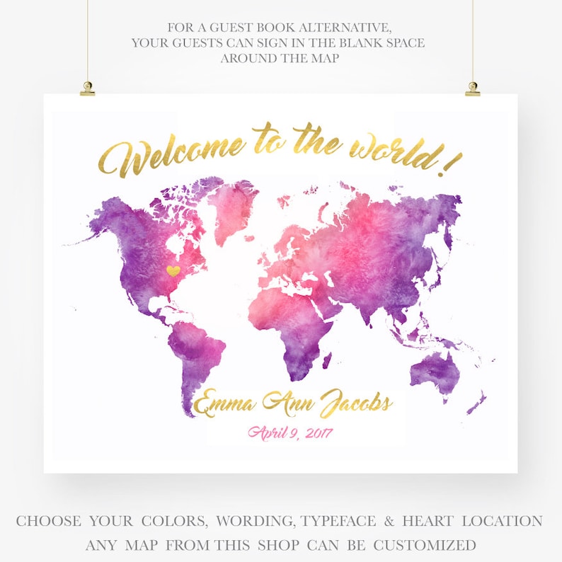 baby shower guest book alternative girl boy custom world map watercolor unique guest sign in guestbook poster printable digital print jpg