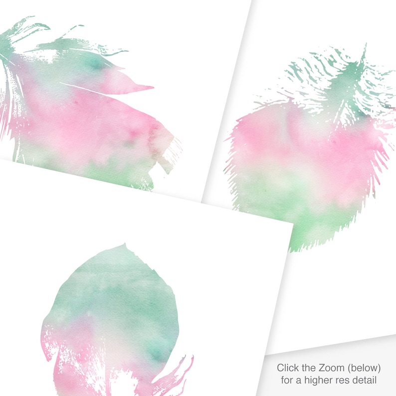 watercolor feather print set download pink mint green girl nursery bedroom wall art decor printable digital print instant download jpg