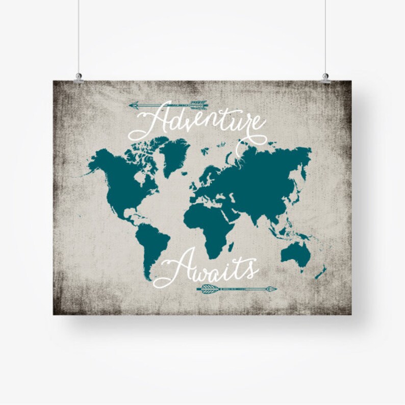 adventure awaits world map travel quote printable teal and etsy