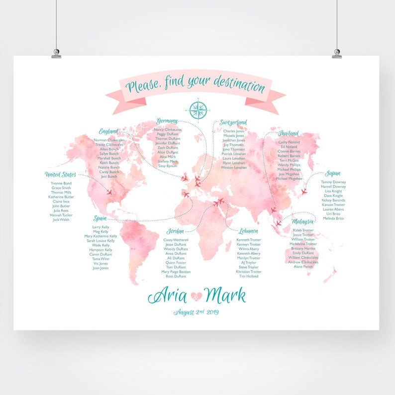 World map wedding seating chart printable large watercolor  Etsy
