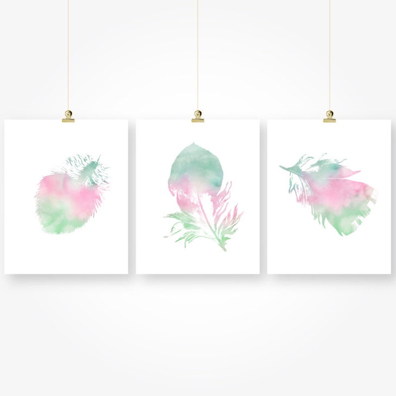watercolor feather print set download pink mint green girl nursery bedroom wall art decor printable digital print instant download jpg