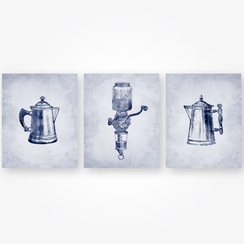 Navy Blue Kitchen Wall Art Set of 3 Digital Prints Vintage Etsy