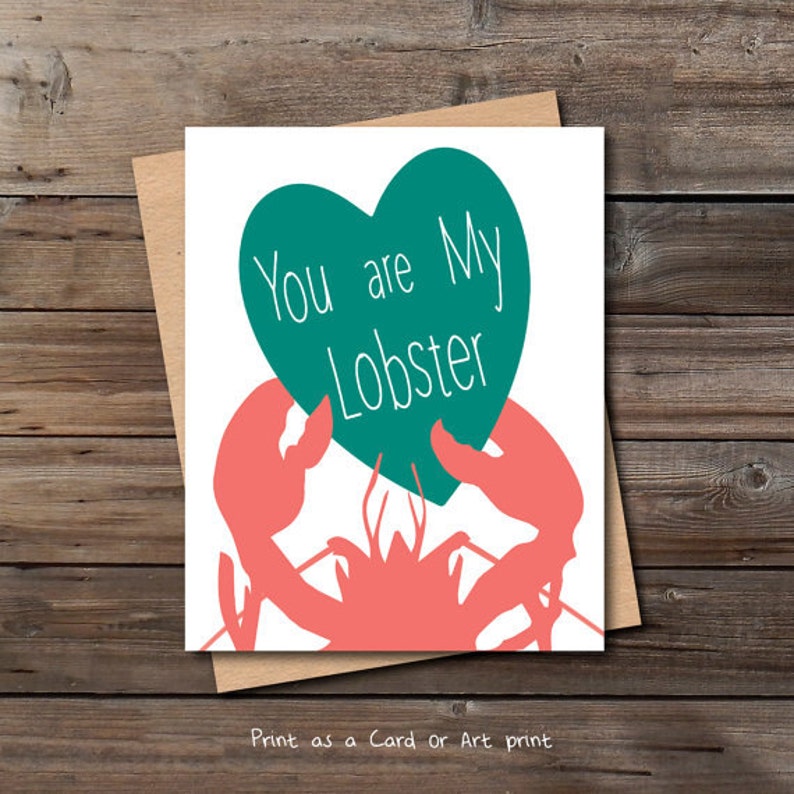 Lobster love card printable download him her funny cute Etsy