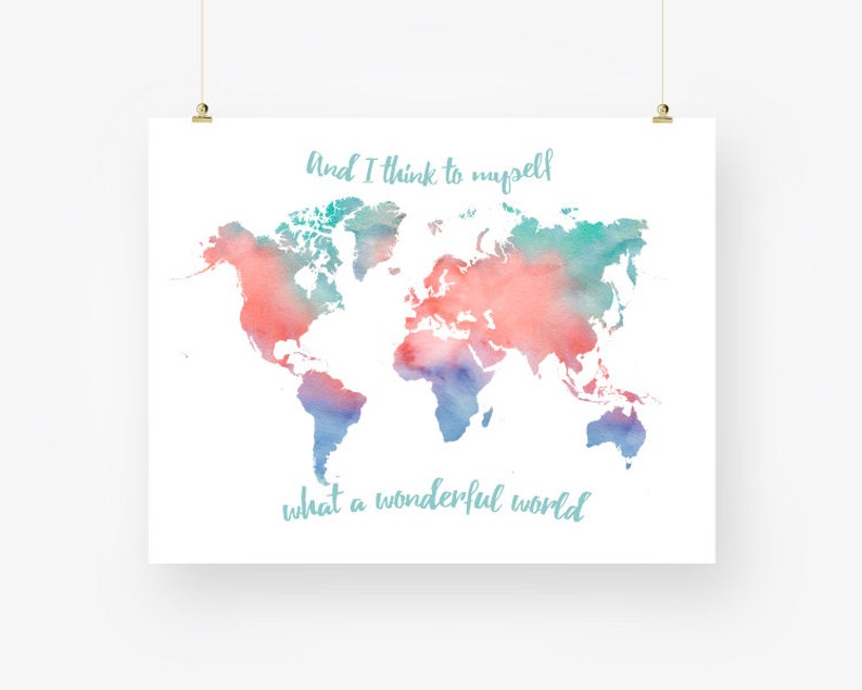 Watercolor world map printable download turquoise and coral | Etsy