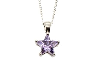 Collar vintage de plata de ley con estrella, colgante de cristal morado y estrella brillante de color morado pálido.