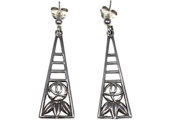 Vintage sterling silver Scottish earrings, Rennie Mackintosh, Glasgow rose, Outlander earrings, Celtic earrings, silver dangle earrings