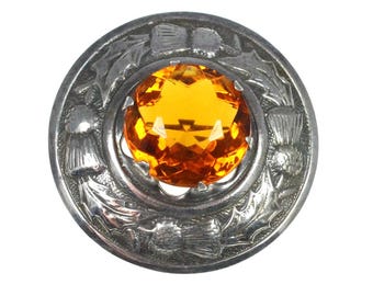 Broche vintage de cardo escocés bañado en plata, piedra naranja, alfiler redondo, Highland, celta, Cairngorm, escudo