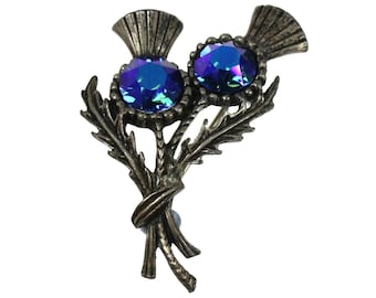 Broche vintage de cardo doble escocés, cristales de color azul púrpura, alfiler de cardo, cardo de Outlander, alfiler celta, joyería de Escocia