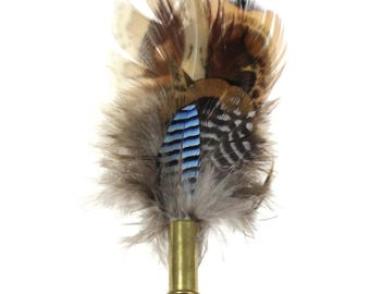 Broche antiguo escocés con forma de pluma, casquillo de bala usado, calibre 22, broche de pluma, alfiler para kilt, caza, Outlander, Escocia, urogallo