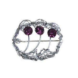 Vintage Scottish thistle brooch - three purple stones, triple thistle spray, Mizpah pin, Outlander