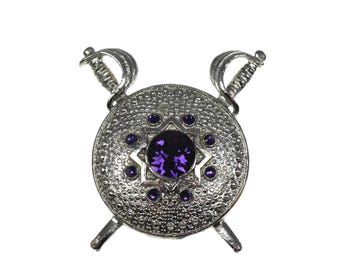 Broche vintage de espadas cruzadas escocesas, espada y escudo, daga, piedra morada, Outlander, ropa de las Tierras Altas.