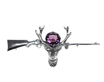 Broche antiguo escocés con cabeza de ciervo, escopeta, alfiler de kilt con forma de arma, piedra púrpura, Outlander, ciervo, astas, alfiler celta, Escocia, cazador, caza