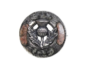 Broche antiguo de plata de ley con forma de cardo escocés victoriano, alfiler de ágata, piedra dura, forastero, celta, redondo, Escocia