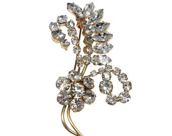 Broche vintage de flores de cristal transparente, broche floral dorado, broche de cóctel, piedras transparentes