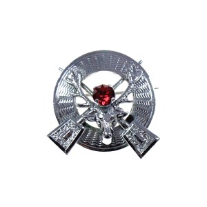 Liten vintage Mizpah skotsk hjortbrosch, skotsk hjortnål, hjorthuvud, Outlander, röd sten, höglandare, korsade svärd, skotska smycken