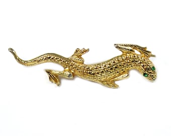 Vintage lizard brooch, green rhinestone eyes, gecko pin, lizard jewelry, goldtone lizard pin, green eye lizard, reptile brooch
