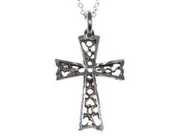 Vintage silver cross pendant necklace, sterling silver, filigree cross, ornate silver pendant, religious jewelry, Christian, Guilloche