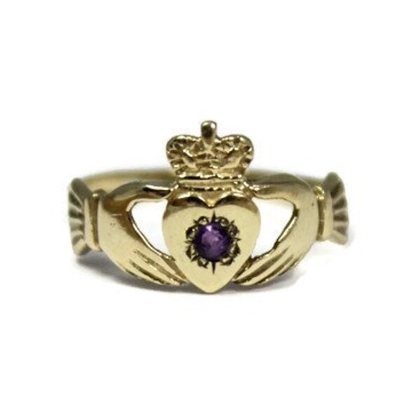 Vintage 9k gold Irish Claddagh ring, gold Celtic Claddaugh, 9 carat, Scottish ring, heart and crown, size M, size 6 1/2, Ireland, purple