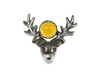 Broche de ciervo escocés eduardiano de plata de ley antigua, alfiler pequeño, sello de 1918, piedra citrina, Outlander, celta, pátina, joyería de Escocia