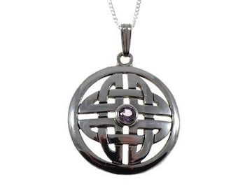 Collar de nudo de inifinity celta de plata de primera ley, colgante escocés, piedra púrpura, Outlander, colgante redondo, Escocia, celta redonda