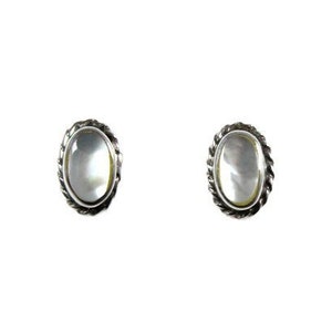 May include: A pair of oval stud earrings. Each earring has a pearlescent, light-coloured stone set within a silver-toned, twisted rope-like border. The earrings are shown against a white background.