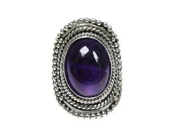 Vintage Sterling Silber Amethyst Stein Ring, extra großer Statement-Ring, ovaler Stein, Größe K 1/2 Ring, Größe 5 3/8 Ring, lila Edelstein