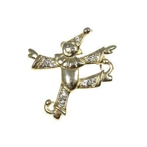 Vintage clown brooch, dancing clown pin, jester brooch, circus jewelry, hat, joker pin, goldtone, clear crystals