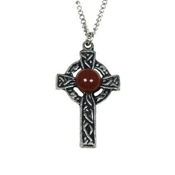 Vintage Celtic cross necklace, carnelian pendant, Irish jewelry, Outlander, Celtic cross pendant, Scottish, red stone, gemstone