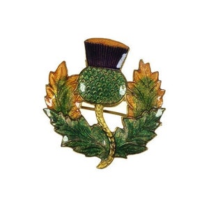 Vintage Scottish thistle brooch, brass thistle pin, Celtic brooch, Scotland jewerly, purple green flower, Outlander, enamel