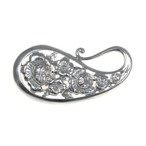 Vintage sterling silver paisley brooch, floral design, flower brooch, large silver brooch, boteh brooch, buta pin, LA London 1991