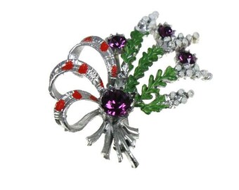 Vintage Schotse heidebroche, witte heidespray, strikspeld, paars kristal, Schotland sieraden, hooglandkleding, Keltisch, outlander, bloem